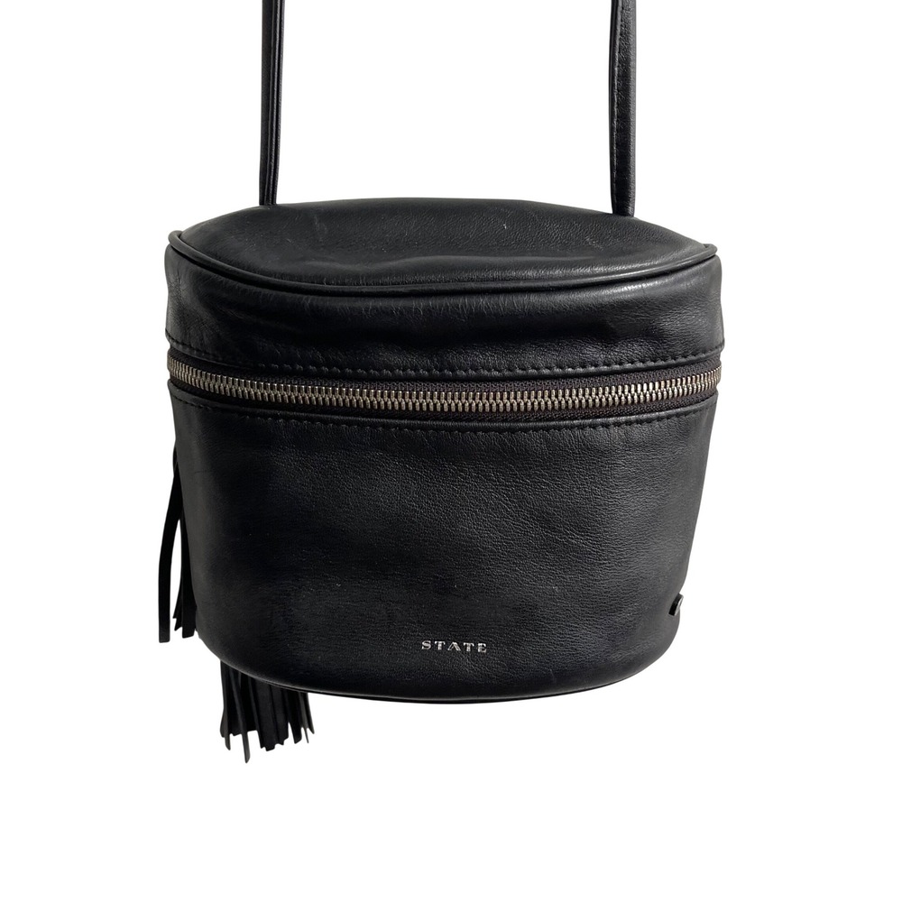 STATE Autumn Large Tassel Crossbody Bag Women OS Black Minimalist Leather Bucket
